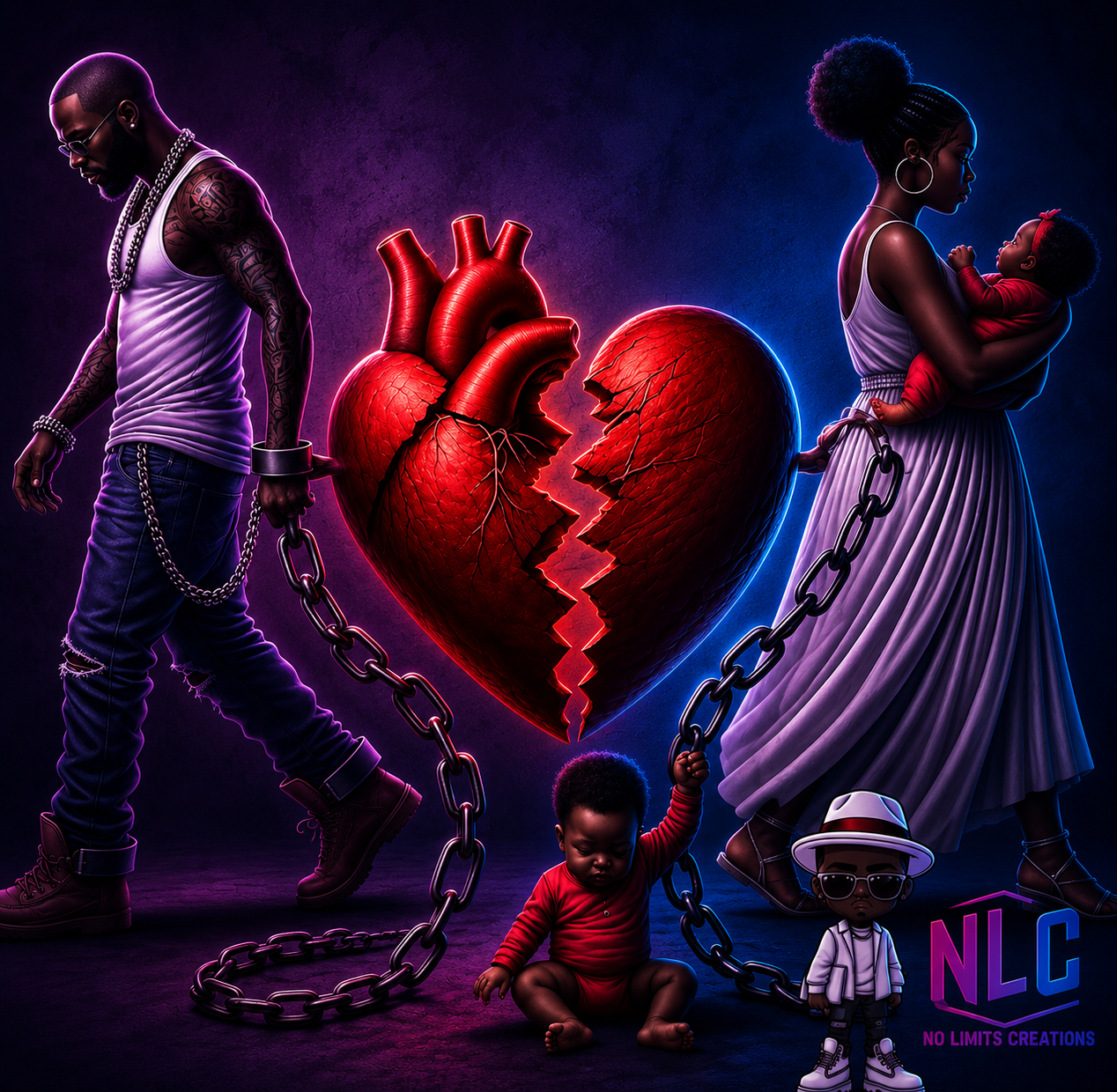 Couple and children chained to a cracked heart — artistic illustration